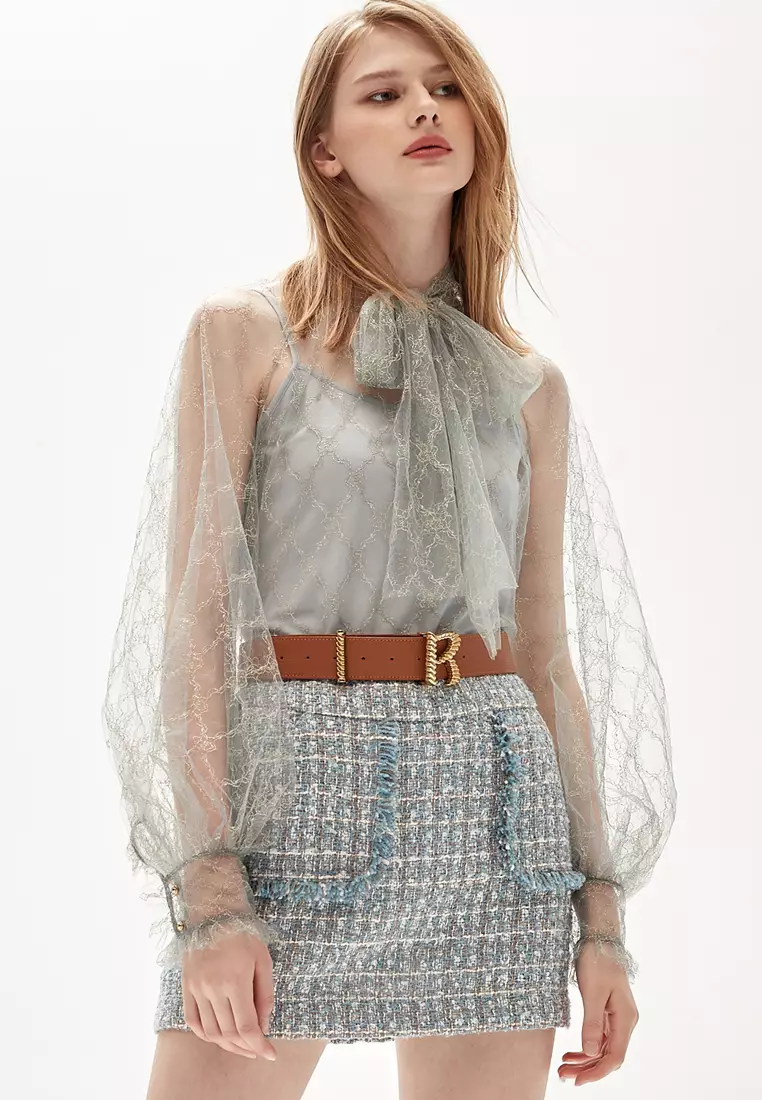 Grey Ribbon Bow Collar Lace Top