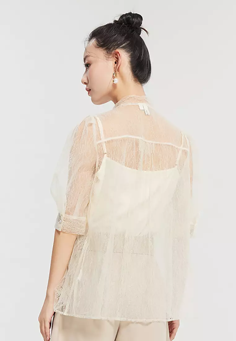 Laced Pleated Blouse with Front Ribbon