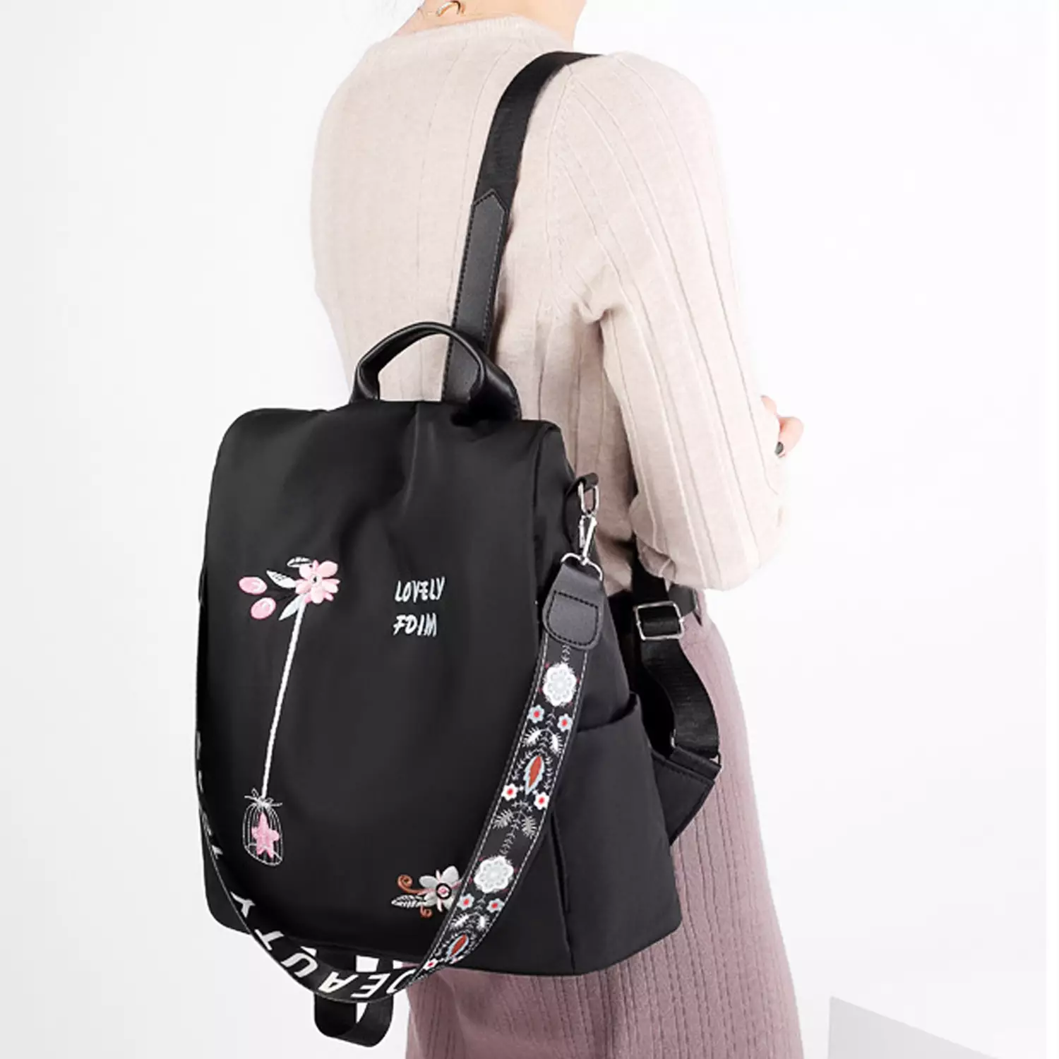 Wakakids Tas Backpack Wanita 2in1 Ransel dan Selempang Lovely Flowers Anti Maling dan Air Venrz Hitam