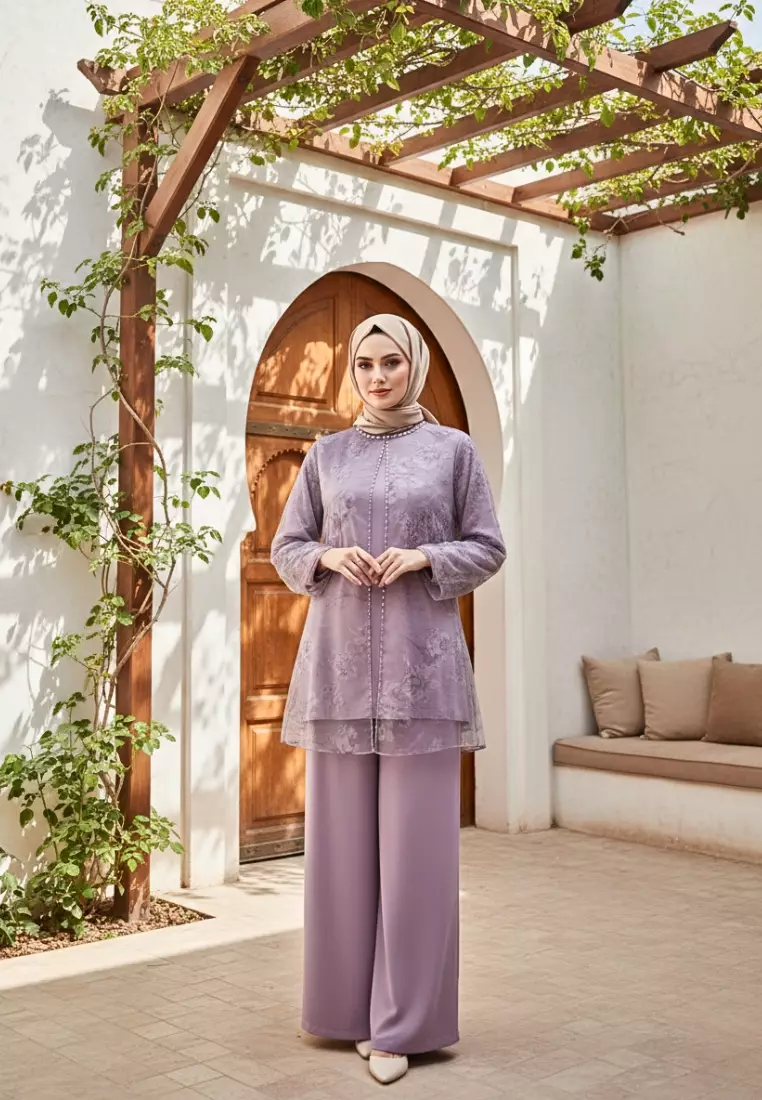 Setelan Wanita Muslimah Modern Bahan Organza Motif Bunga Premium Salem By Billiant girl Warna SALEM