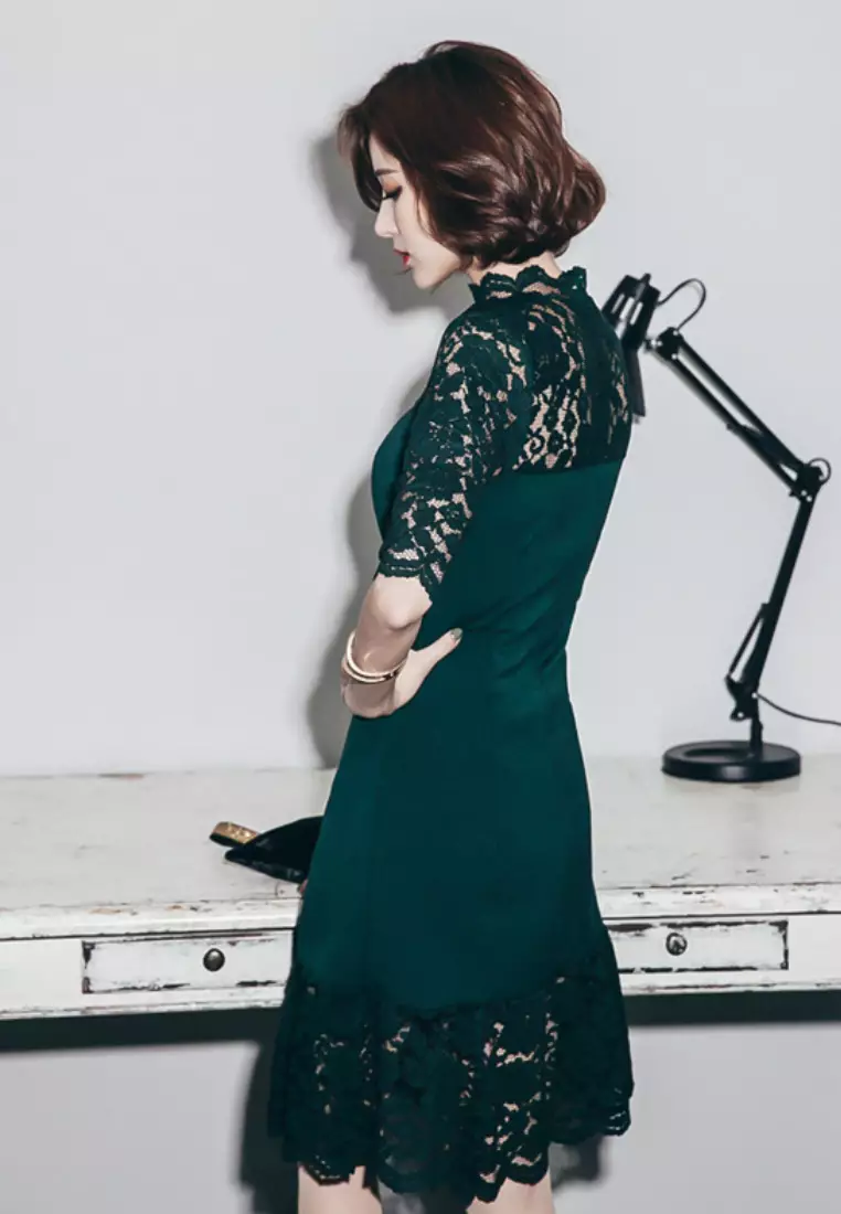 New Green Lace Half Sleeves One Piece Mini Dress UA060614-0