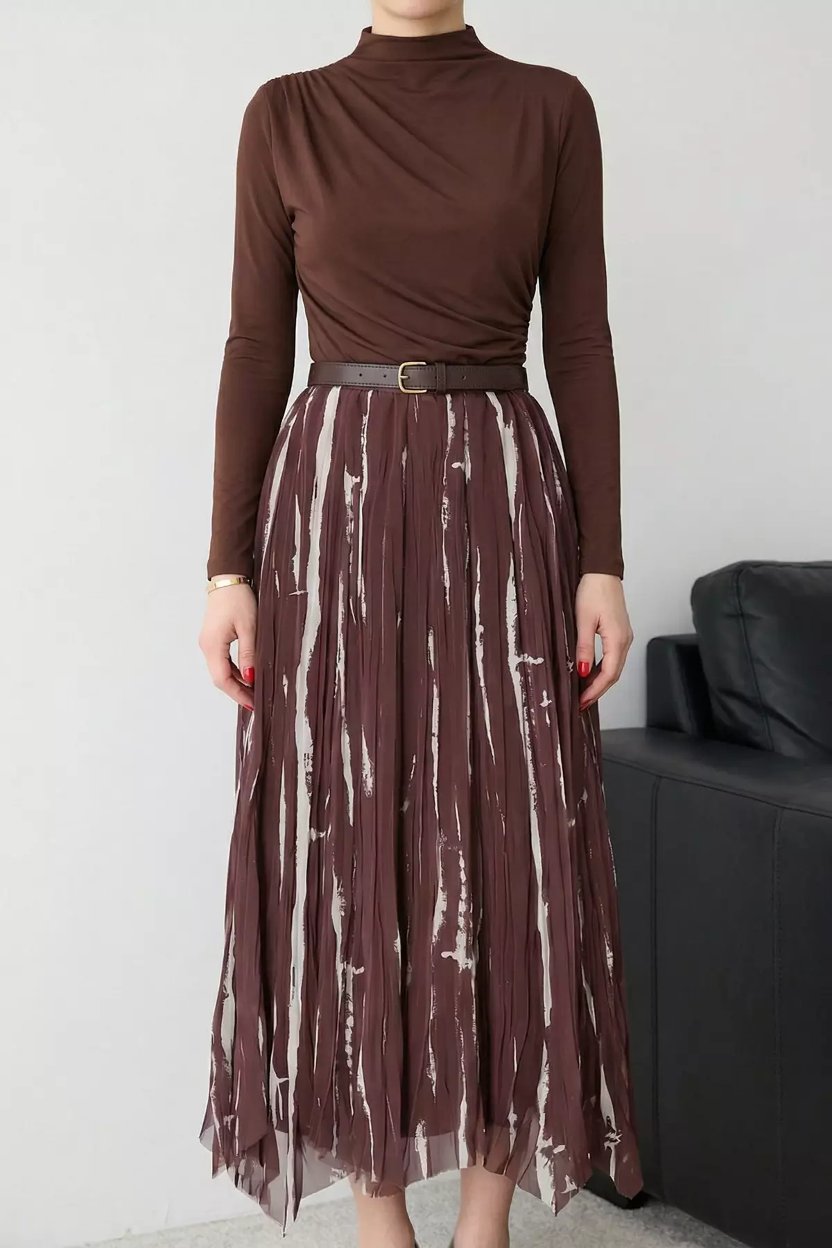 Brown Belted Lined Patterned Chiffon Skirt Tctss26Ee00030