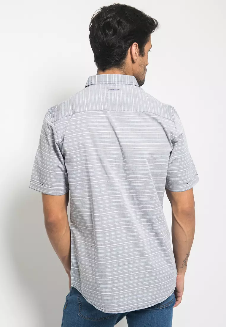 Johnwin - Kemeja Casual - Kemeja Pria - Kemeja Salur - Kemeja Abu - Slim Fit - ASH.670.K880.785.C