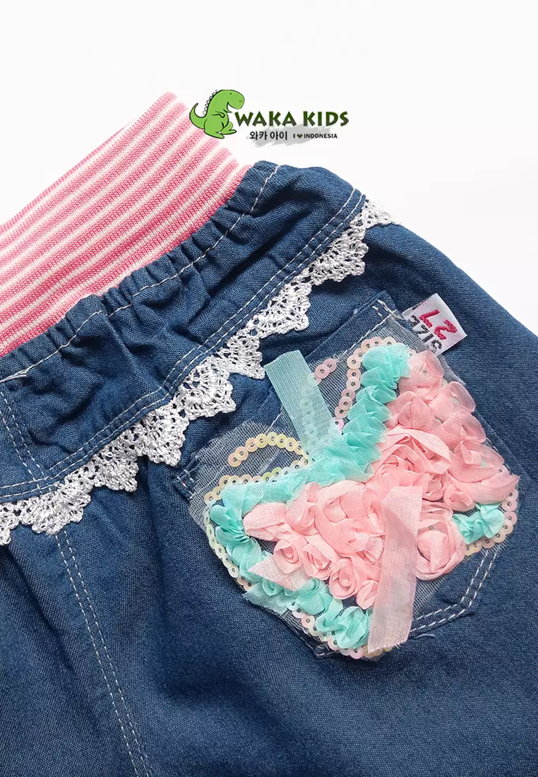 Wakakids Celana Pendek Anak Perempuan Hotpants Jeans West Rib Butterfly Renda 057 Vench