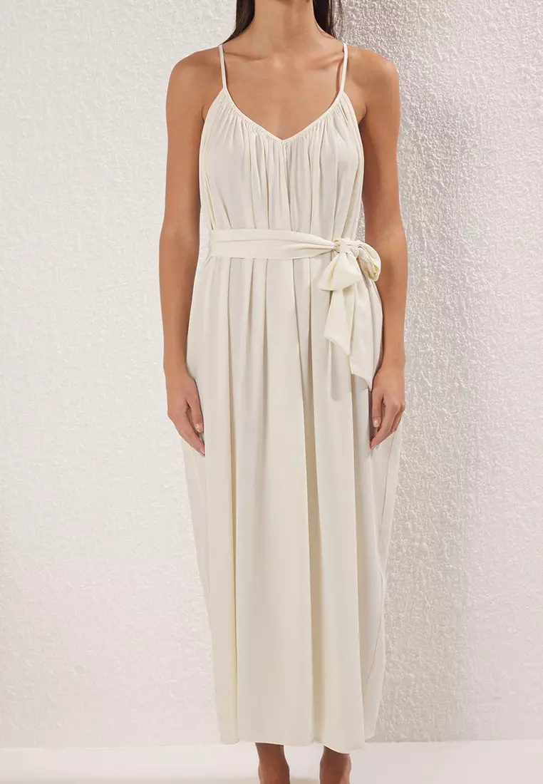 Beige Maxi Woven Belted Beach Dress Tbess25El00086