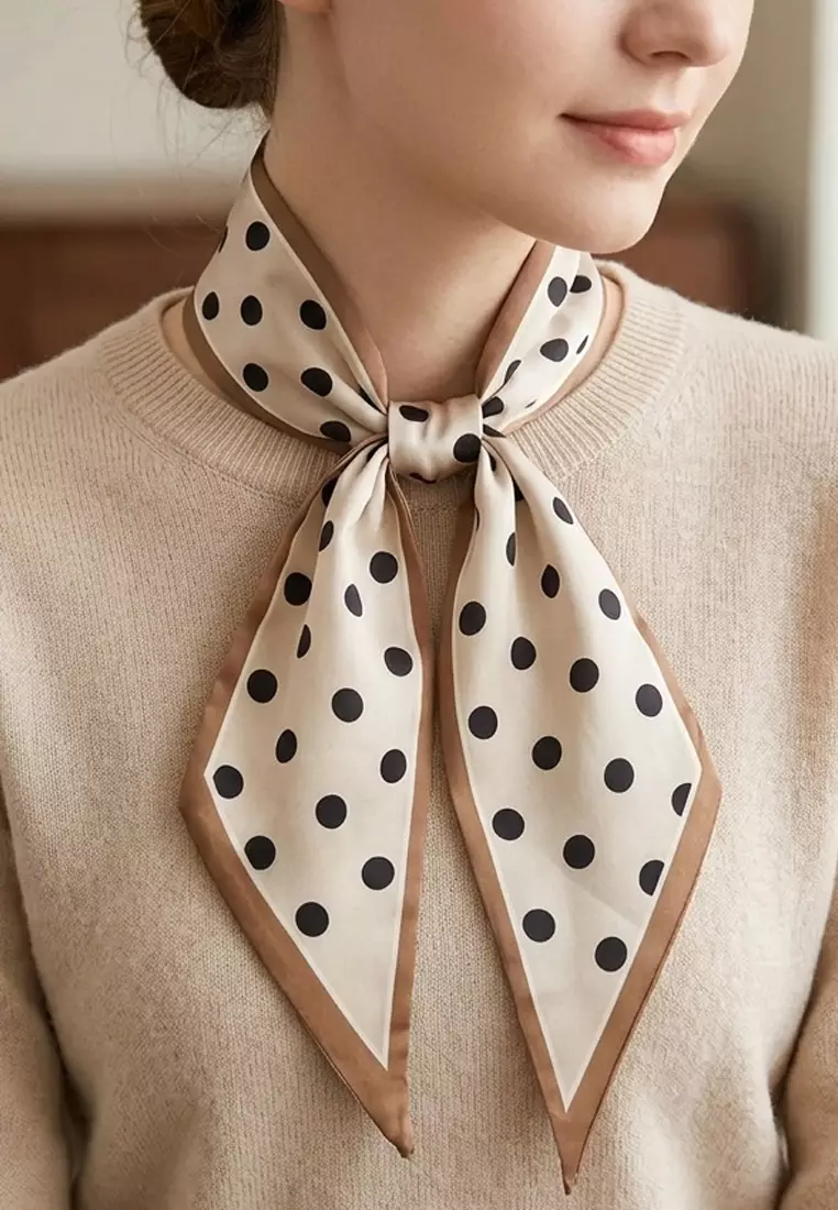 Aksesoris Wanita Polka Dots Twilly Skinny Multi purpose Scarf Wanita Beige & Brown