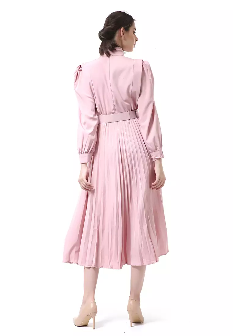 Rachel Long Dress Wanita Turtleneck Lengan Panjang Material Twiscone ORIGINAL - Pink
