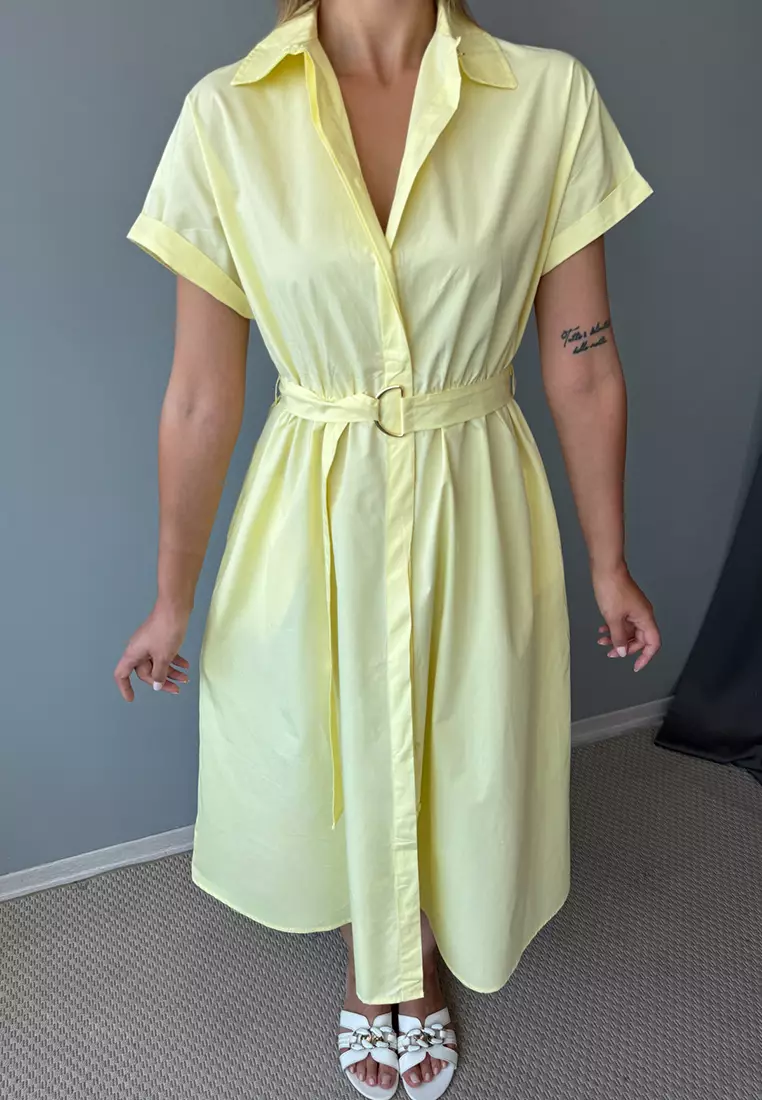 Light Yellow Belted Midi Poplin Woven Dress Twoss25El00921