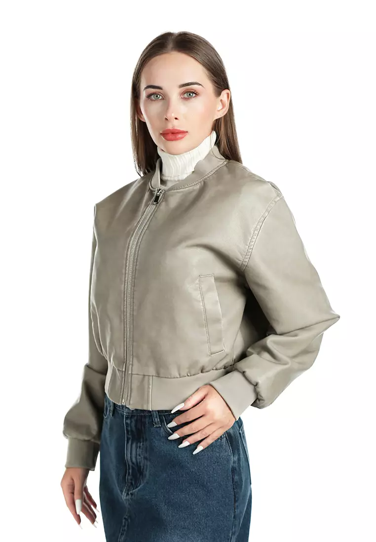 Jaket dengan ritsleting bahu terbuka warna Mocha