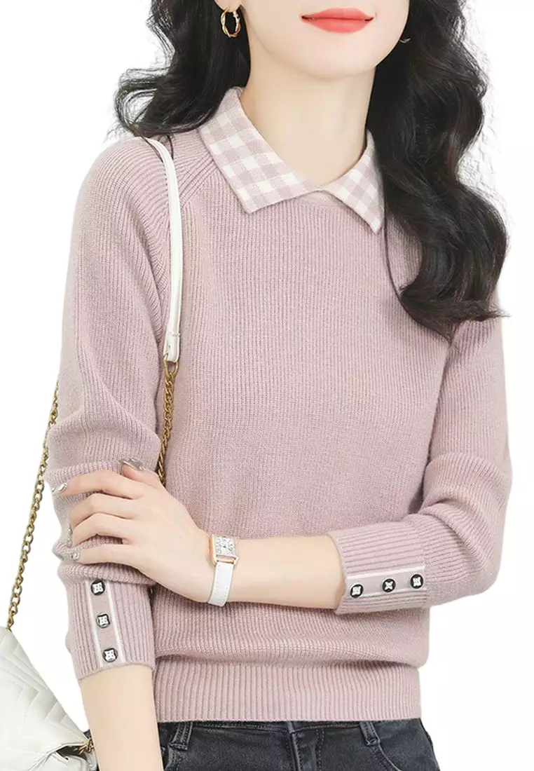 French Check Lapel Long Sleeve Sweater