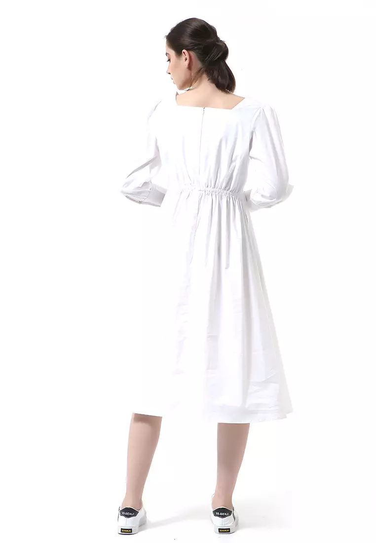 Rachel Midi Dress Wanita Leher Kotak Lengan Panjang Motif Polos Material Cotton ORIGINAL - White