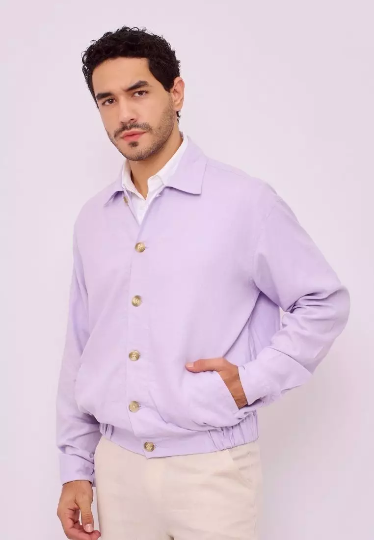 Aneto Jaket Bomber Pria Linen Warna Ungu Muda | Linen Bomber Jacket Men Lilac