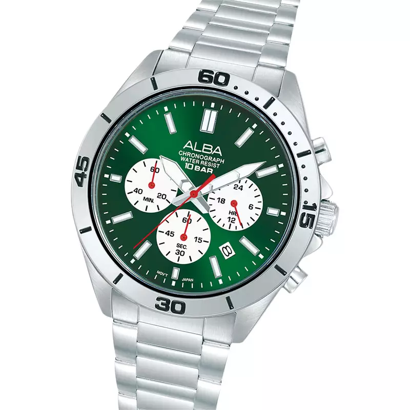 Jam Tangan Pria Alba Active AT3K77X1 Men Chronograph Green White Dial Stainless Steel Strap
