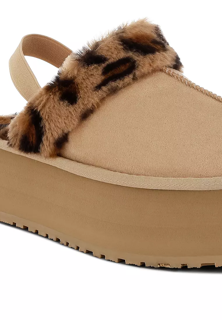 Leopard Print Faux Fur Platform Classic Slingback in Beige