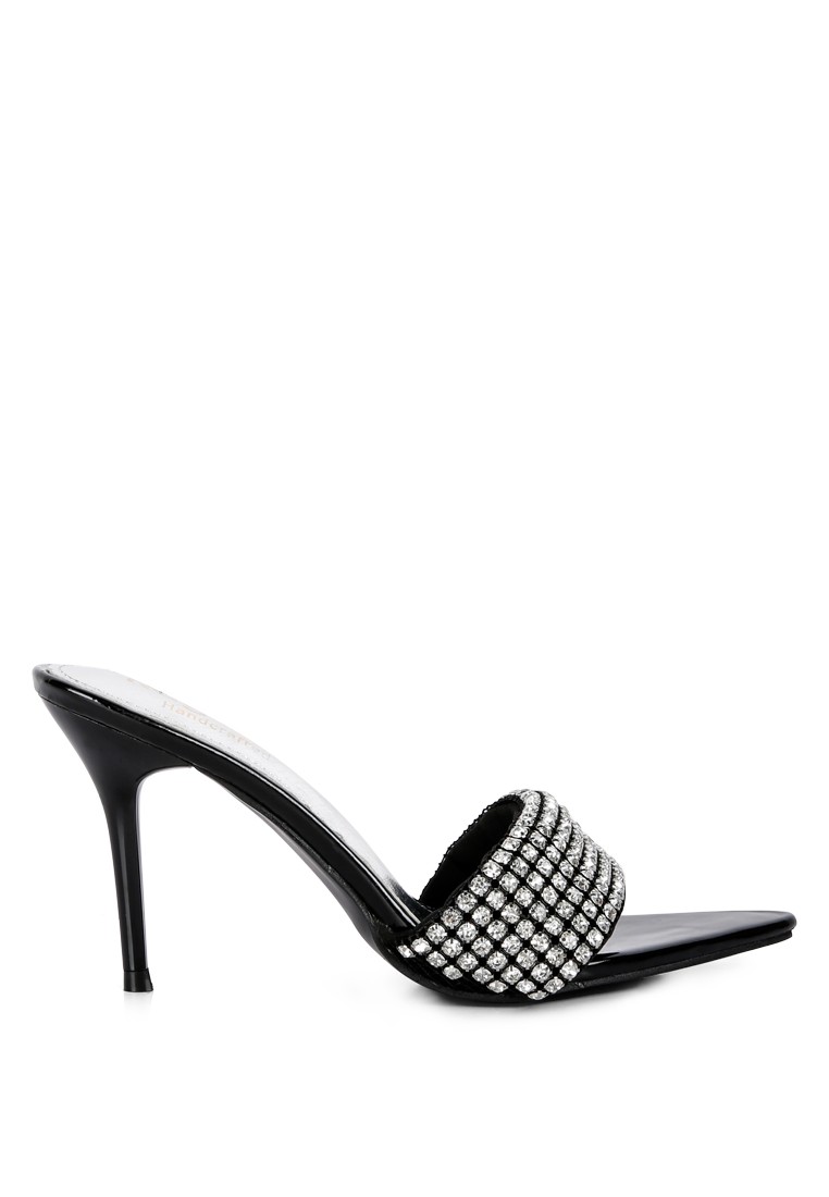 Diamante Pointed Heel Sandals in Black