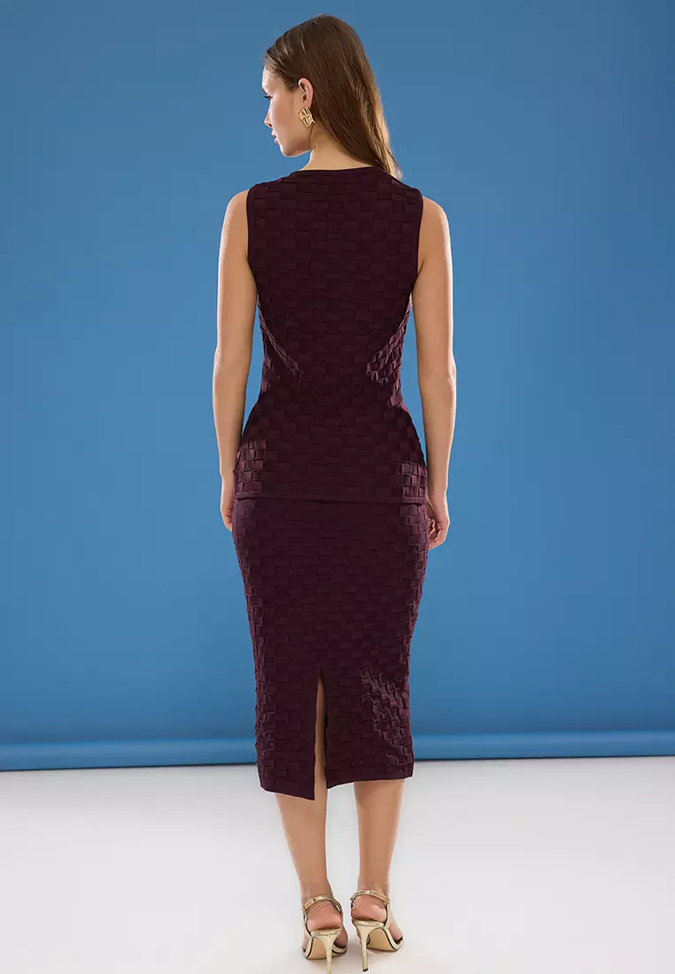 Burgundy Button Detail Vest-Skirt Knitwear Top Bottom Set