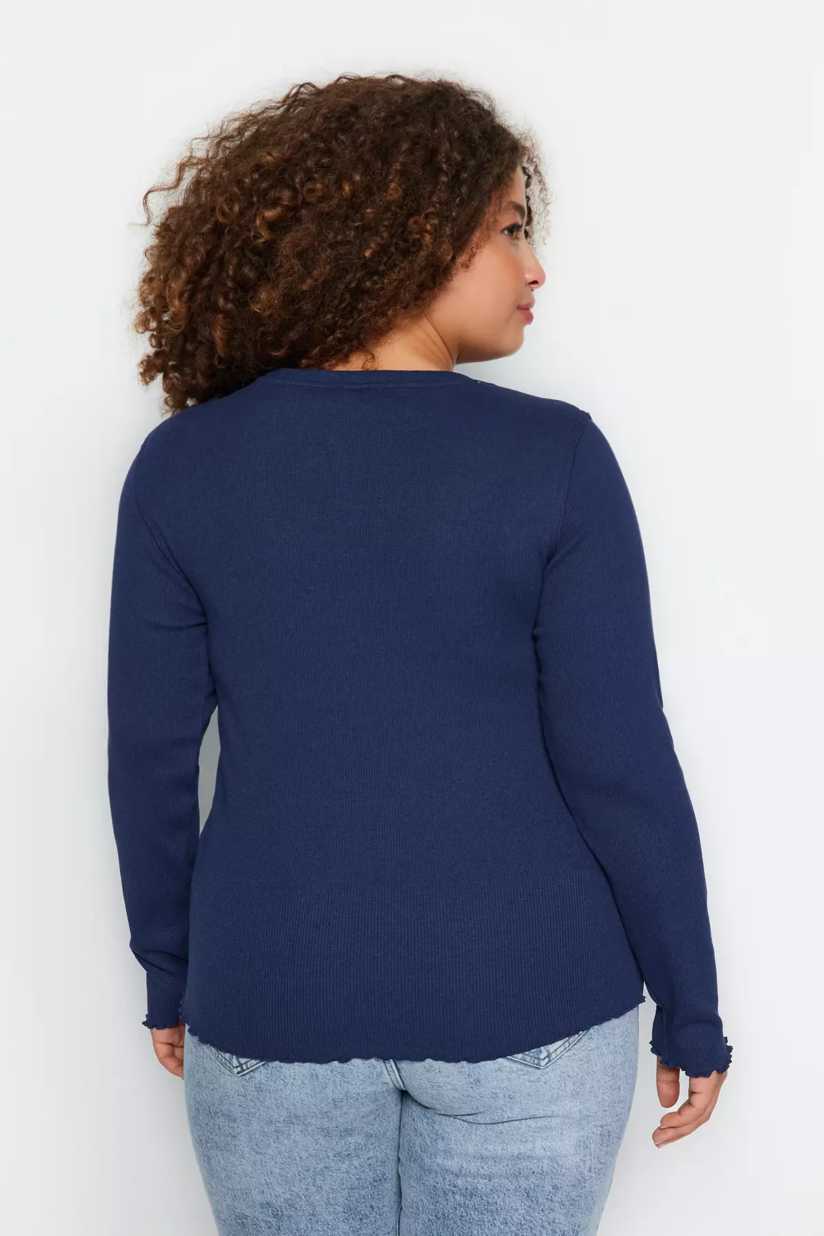 Navy Blue Crew Neck Ribbed Knitted Blouse Tbbaw24Af00035