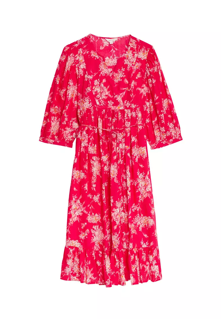 M S Pure Cotton Printed V Neck Midi Smock Dress T53 3099U