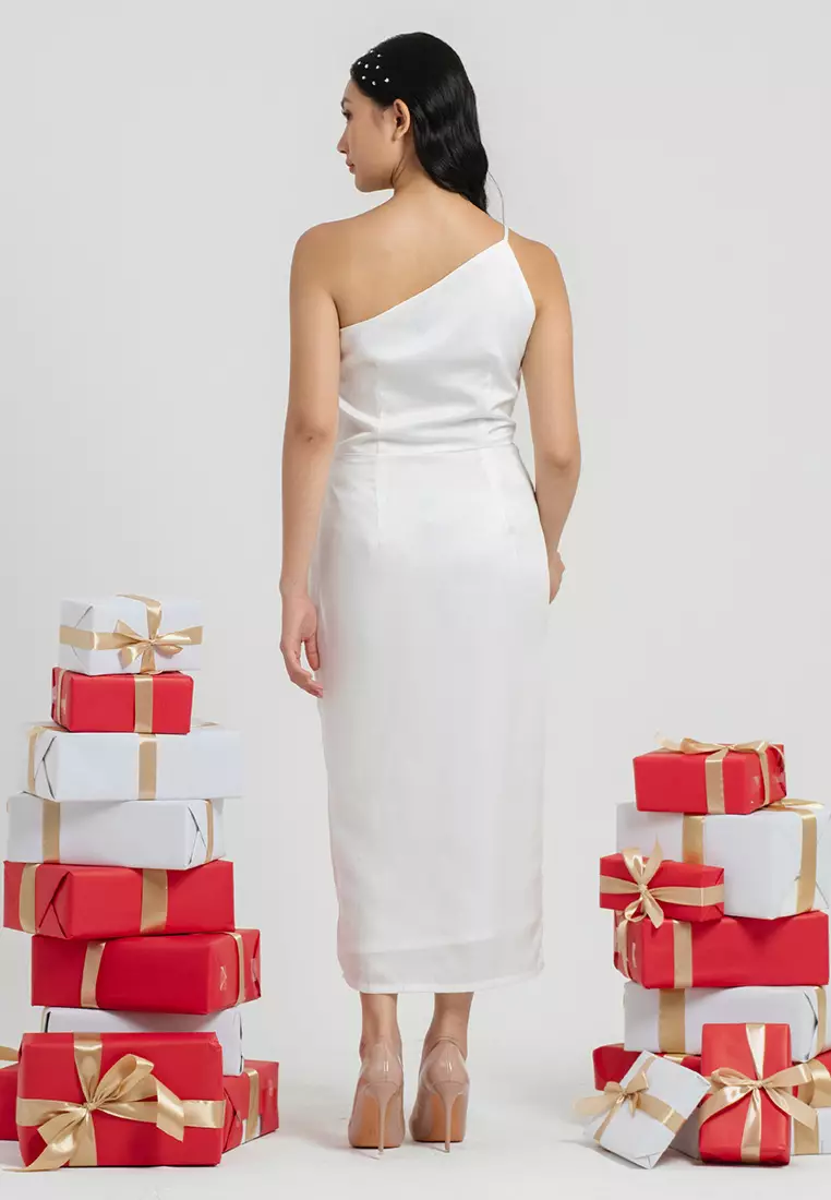 Pleated Waist One Shoulder Dress in White
