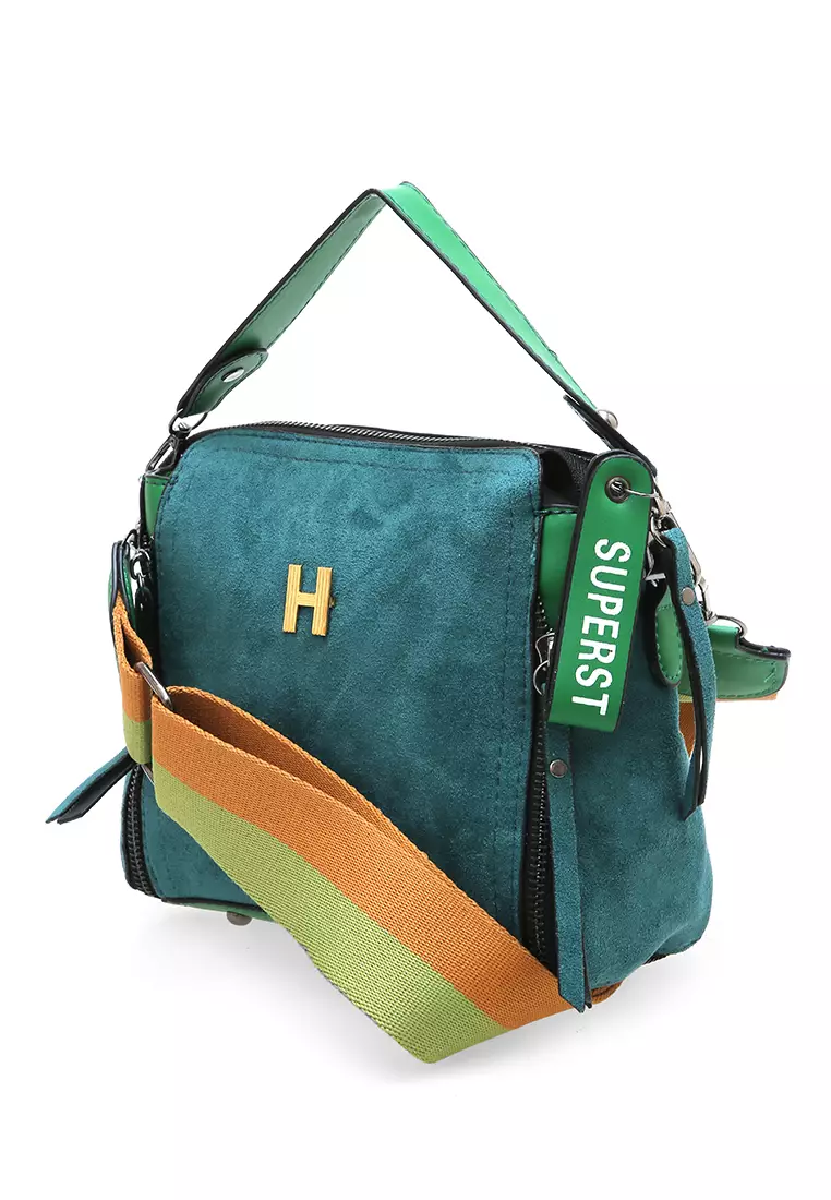 Eilaria Tas Selempang Wanita Zipper Design Sling Bag Mini Material Beludru ORIGINAL - Green