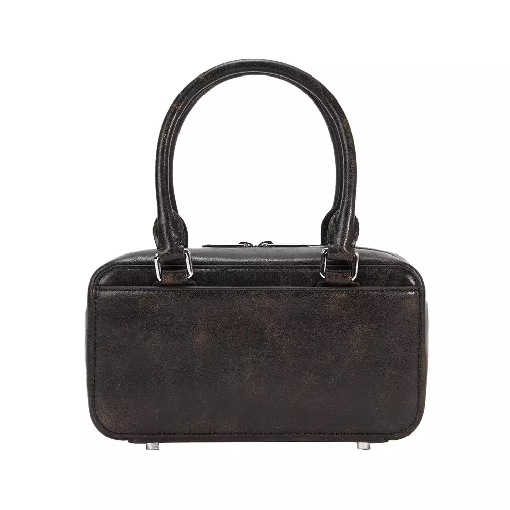 Double Bow Distressed Leather Mini Handbag Black