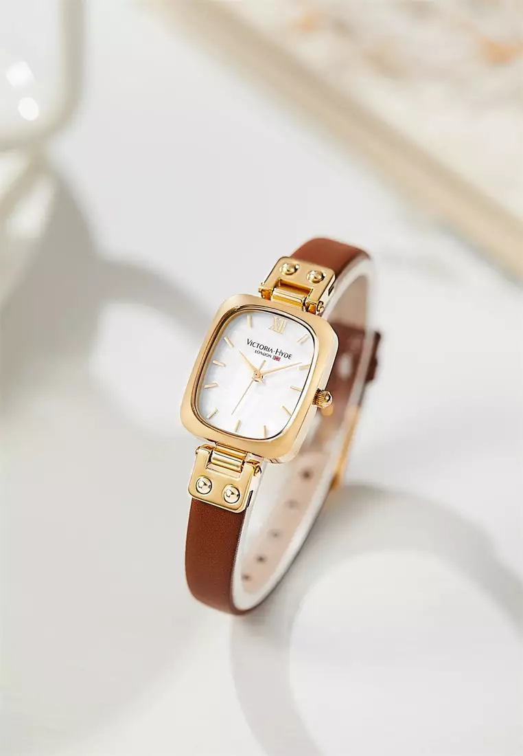 Vivian 22×26mm女士手表 皮革表帶 長方形天然貝母表盤 優雅經典-棕色