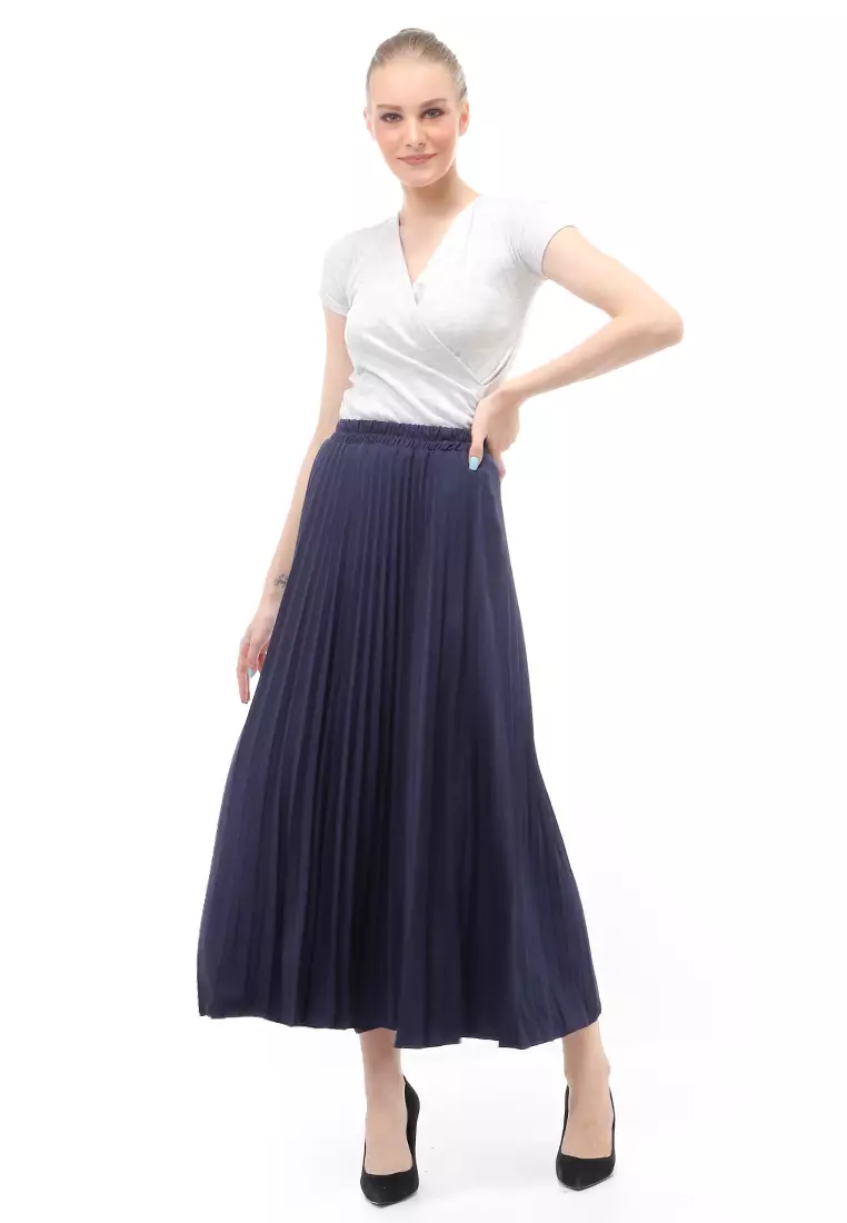 Skirt Plisket Bawahan Wanita Motif Polos Relaxed Fit - Navy