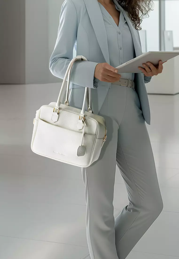 Margaret M Women's White Top Handle Handbag: 2-in-1 Microfiber Leather Travel Business Bag (Tablet compatible std. size 10")