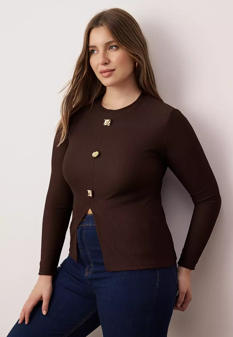 Brown Accessory Buttoned Long Sleeve Ribbed Knitted Plus Size Blouse Tbbaw26Af00078