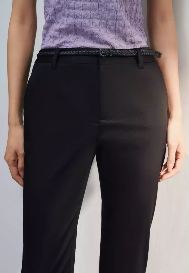 Cotton Blend Spandex Satin Ankle Skinny Pants With Belt