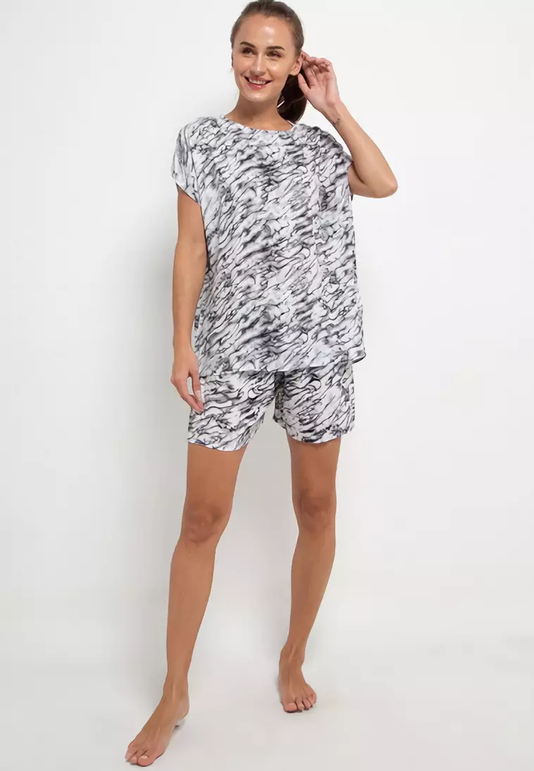 Nade Japan FT062 AMS Baju Tidur Tie Dye Marmer Wanita Set Baju Celana Tidur Hitam