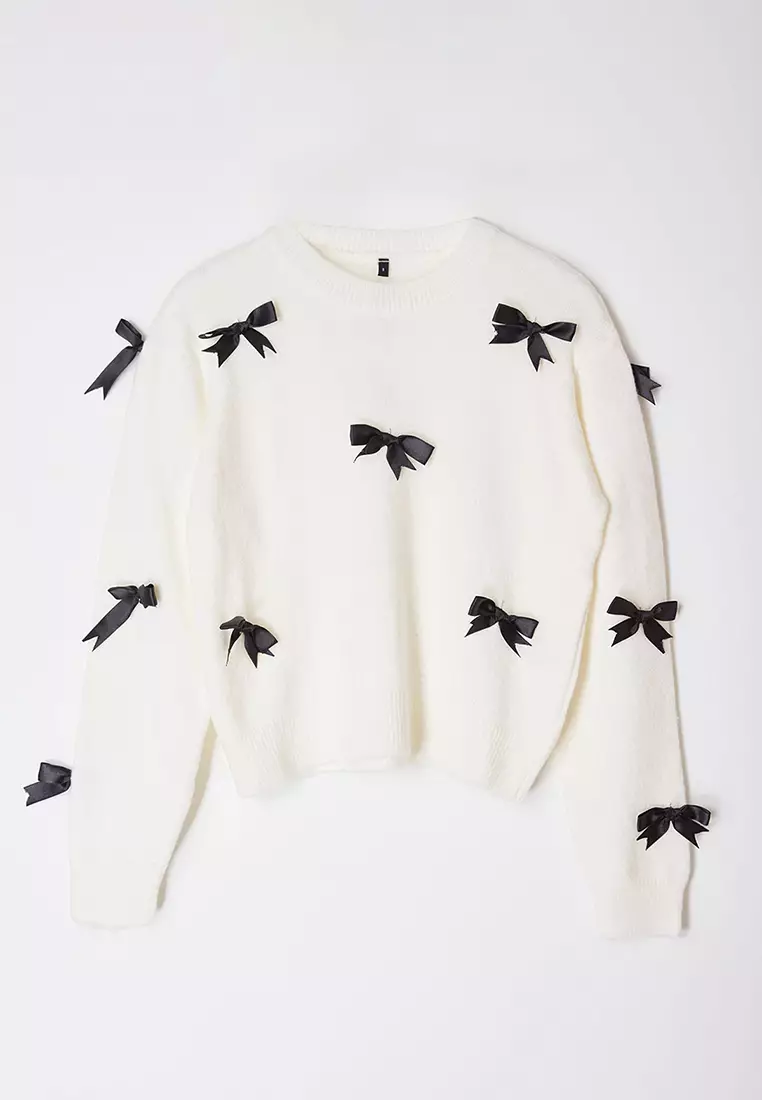 Ecru Soft Texture Ribbon/Bow Detailed Knitwear Sweater Twoaw25Kz00155
