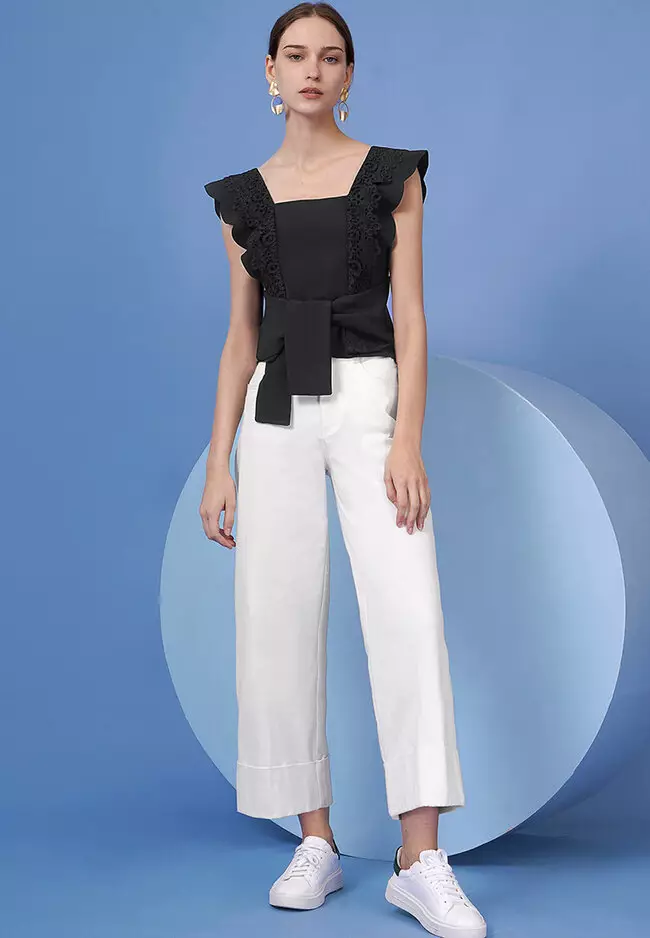 Square Neck Lace Overlay Self-Tie Waist Top