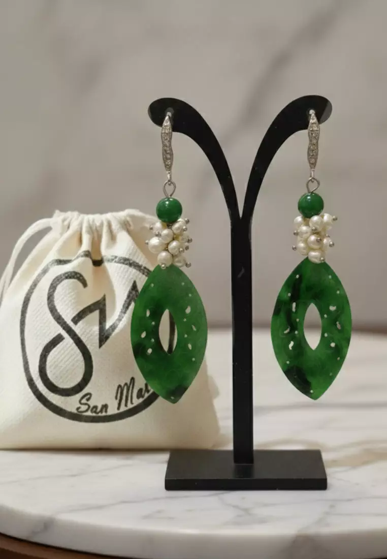Jade Earrings Leaf Shaped With Pearls Anting Wanita Batu Giok Green & Pearly White