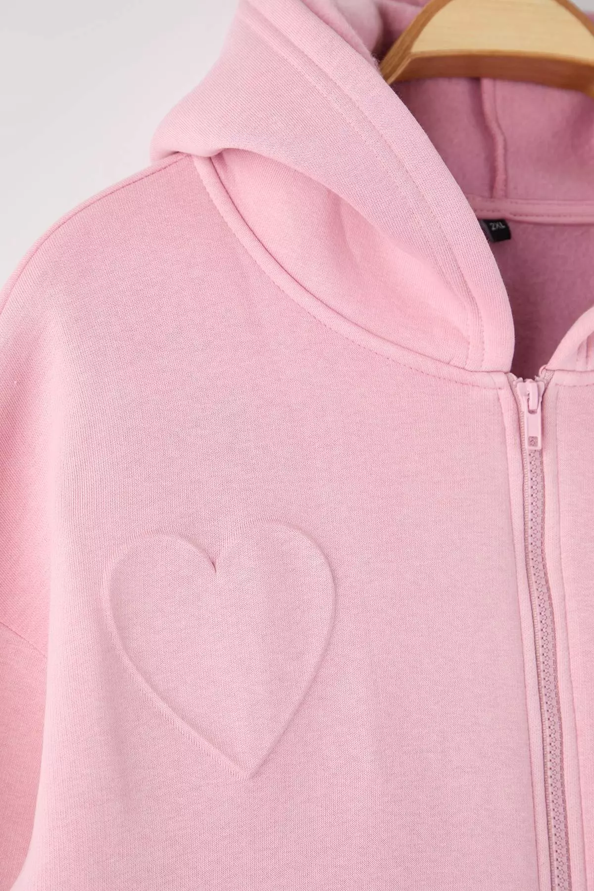 Pink Hooded Embossed Printed Sharodnlu Knitted Large Size Tracksuit Set Tbbaw26Ts00009