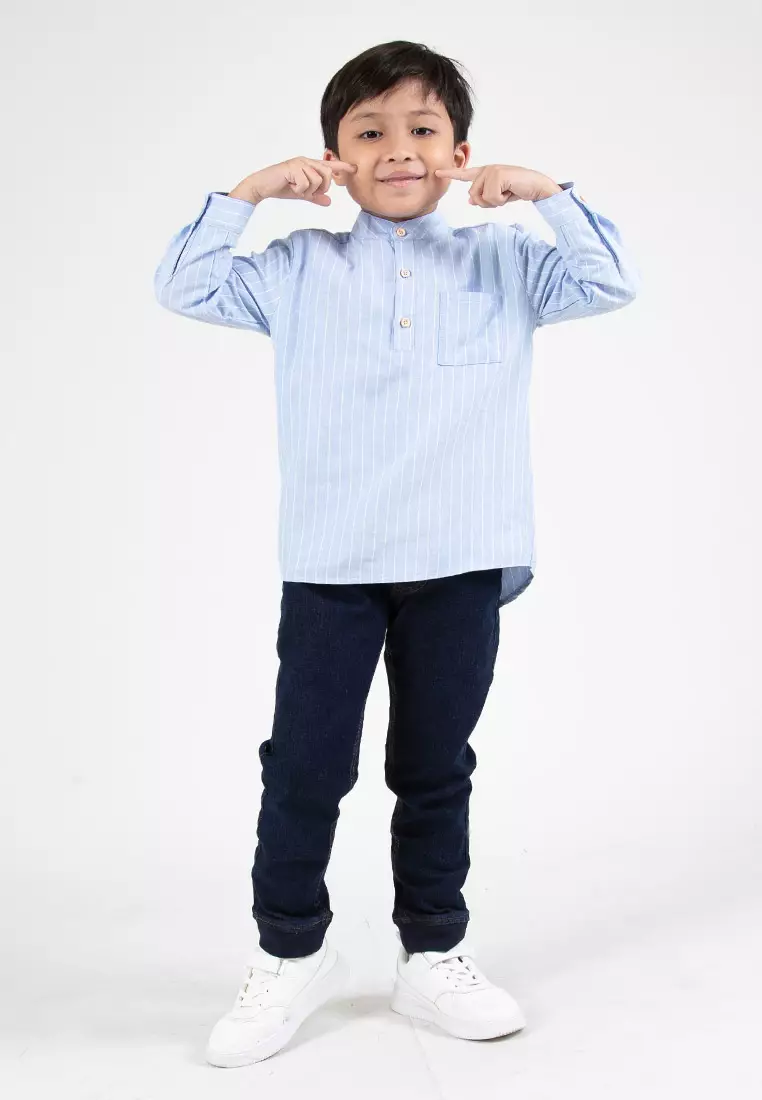 Forest Kids Boys Cotton Striped Long Sleeve Collar Shirt | Baju Kemeja Budak Lelaki Lengan Panjang - FK20262-31Blue