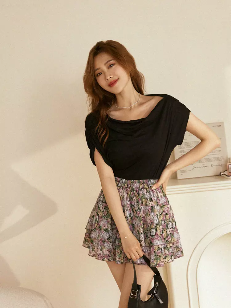 Buy OBSTYLE Printed chiffon French wave layer short skirt