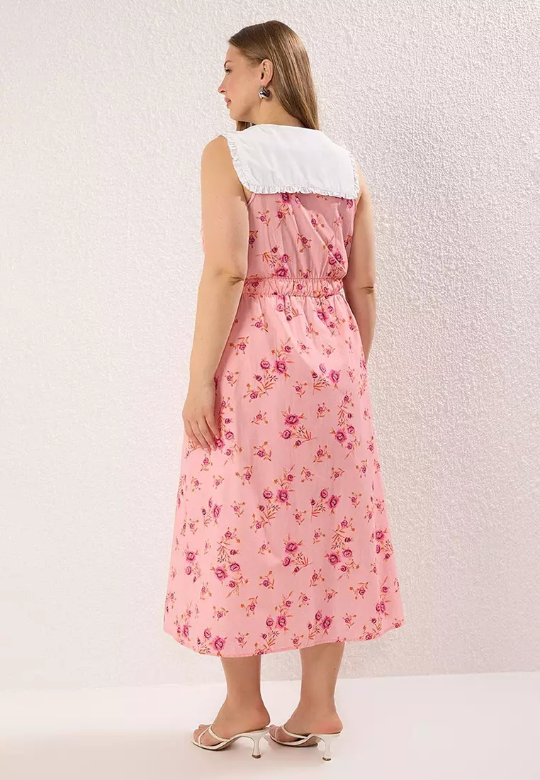 Pink Floral Poplin 100% Cotton Bebe Collar Midi Woven Large Size Dress Tbbss25Ah00158