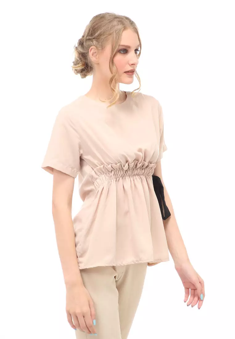 Cheva Blouse Atasan Wanita Kasual Pinggang Karet Pita Ikat Simple Material Wolfis ORIGINAL - Cream