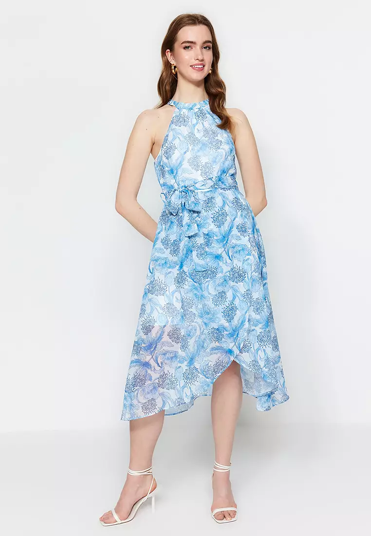 Buy Trendyol Belted Midi Linen, Flared Floral Dress Online