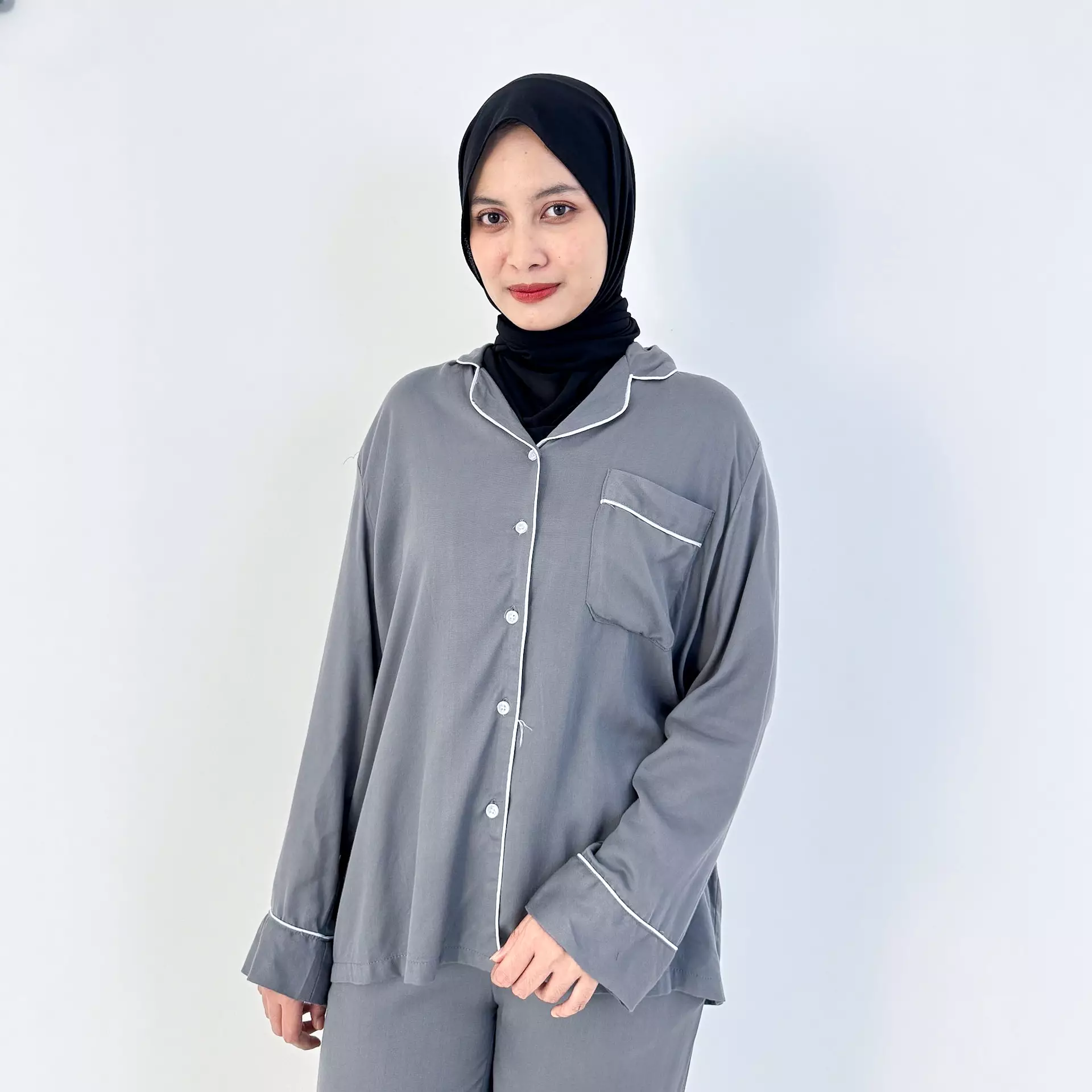 Pyjama Cotton Basic [ABU ABU] SIZE M-XXL Baju Tidur Long Sleeve Long Pants Sleepwear