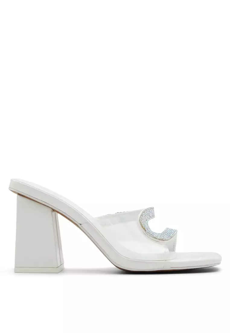 White embellished block discount heels