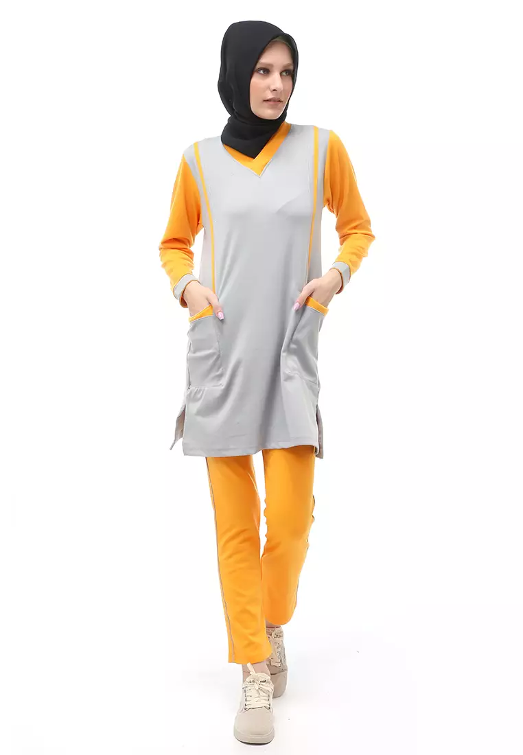 Kalila Baju Olahraga Atasan Bawahan Tunik Wanita Muslimah Relaxed Fit - GreyYellow