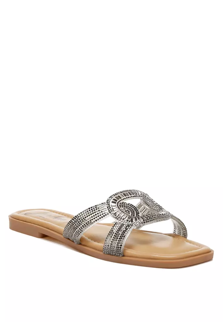 Rhinestones Embellished Flat Sandals in Black