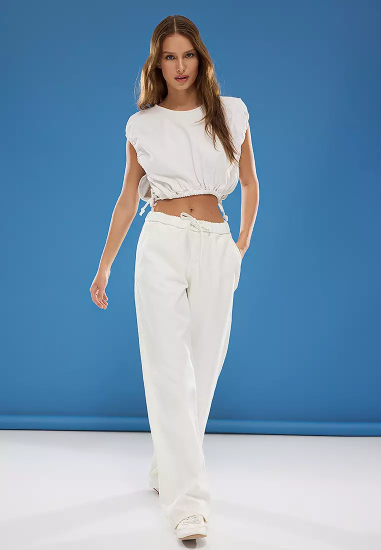 White Elastic Waist Regular Waist Wide Leg Jeans