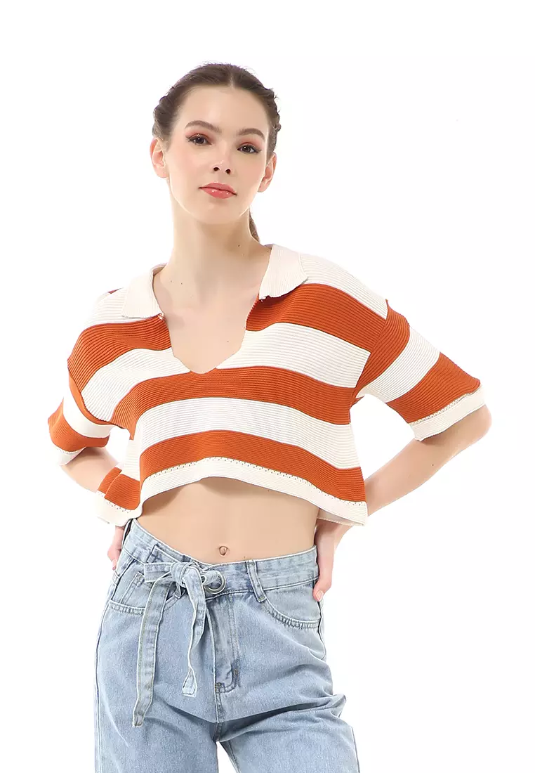 Albertine Atasan Crop Wanita Lengan Pendek Motif Salur Material Rajut ORIGINAL - Bata