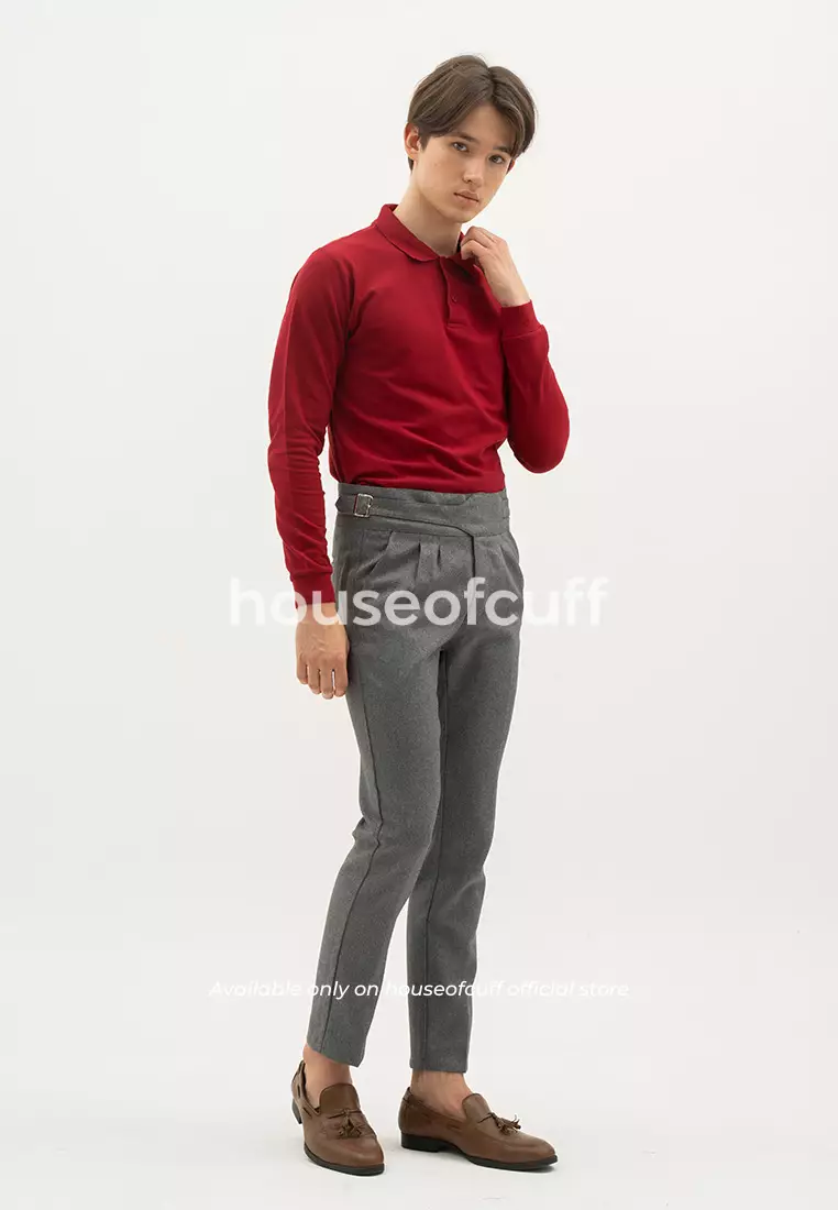 Polo Shirt Kaos Kerah Polo Lengan Panjang Slim Fit Maroon