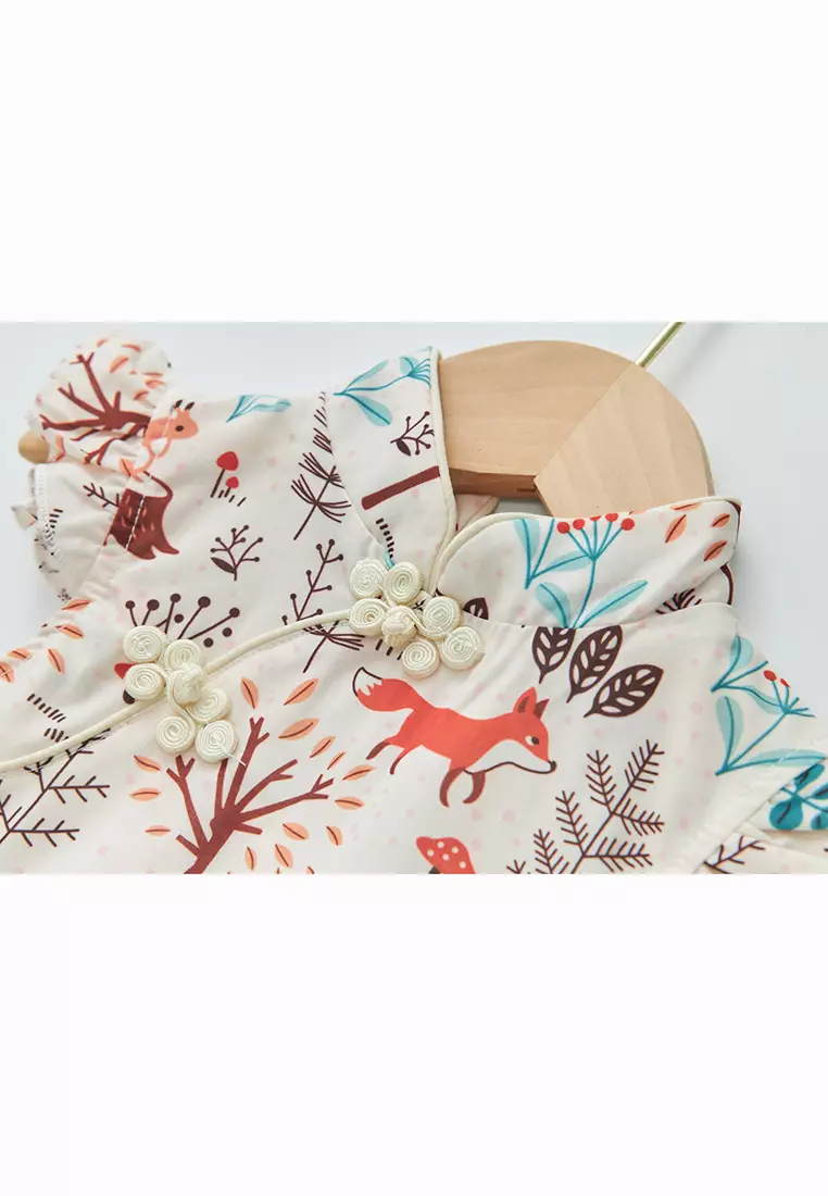 女童印花漢服唐裝褶邊袖裙狐狸森林新年拜年衣服