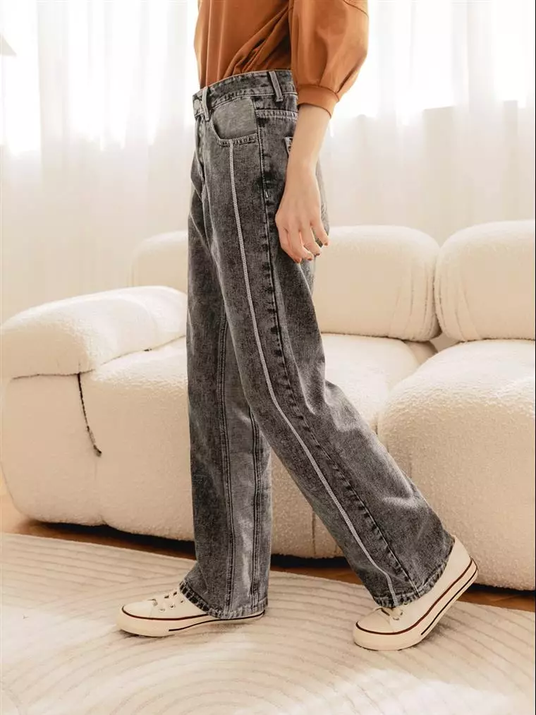 Buy OBSTYLE Cotton Washed Denim Stitching Straight Leg Loose Pants