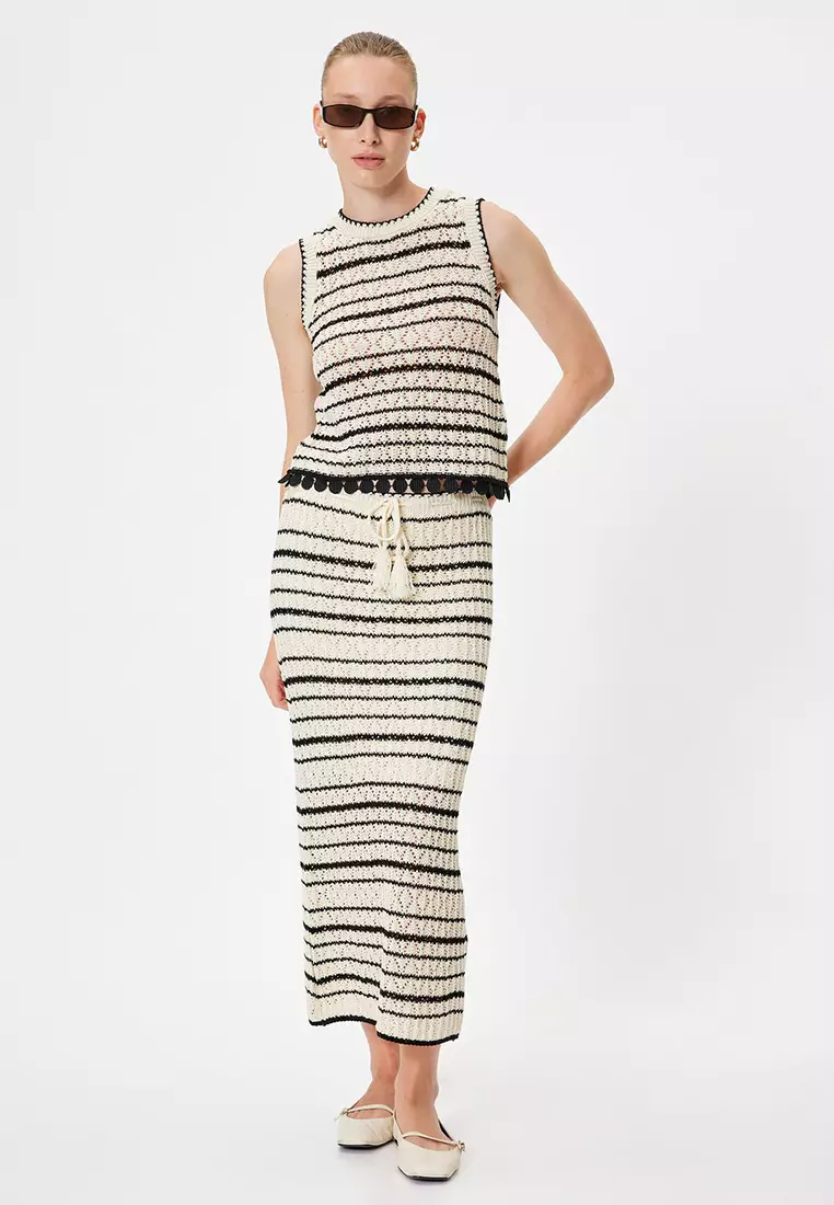 Detailed Openwork Striped Knit Midi Skirt